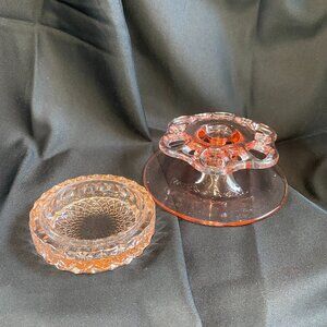 1930's Open Work Pink Candlestick Holder by Lancaster & Glass Round Diamond Dish